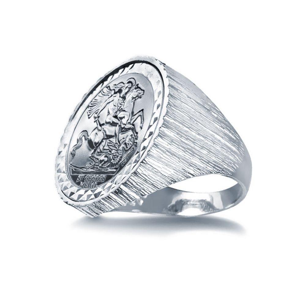 Sterling Silver St George Sovereign-Style Ring With Barked Shoulders