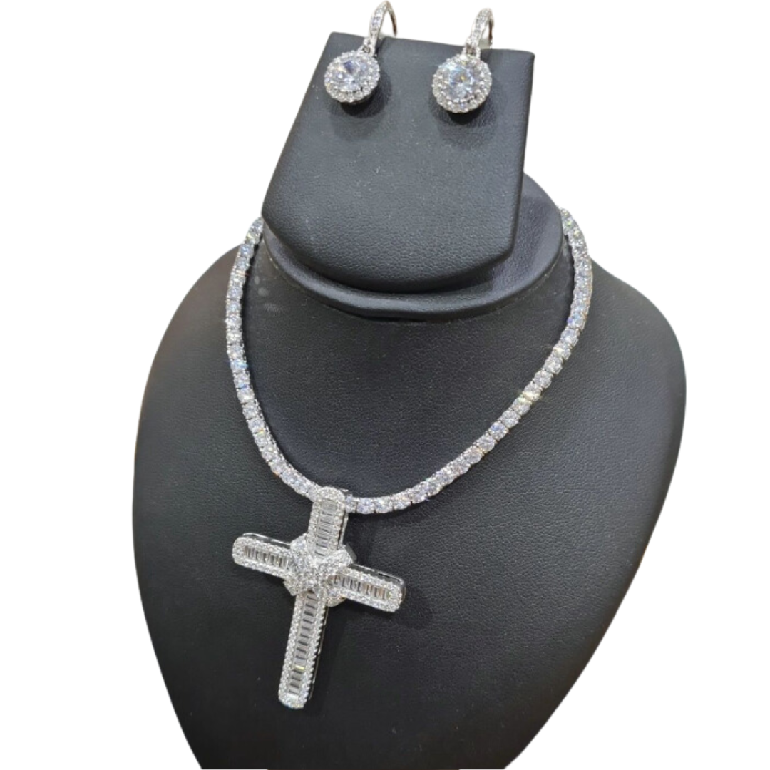 Silver CZ Cross Set