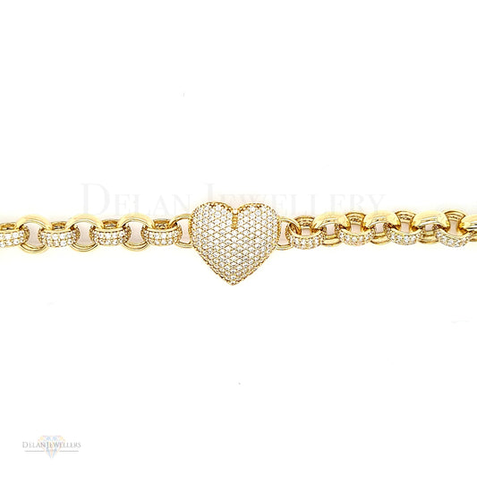 9ct Yellow Gold Heart Belcher Bracelet with stones