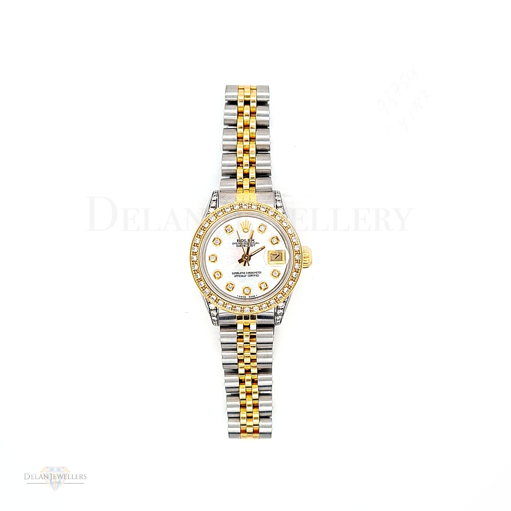 Pre-owned Rolex Date-Just Steel and Gold 26mm with Diamond Shoulders, Bezel and MoP Diamond Dial