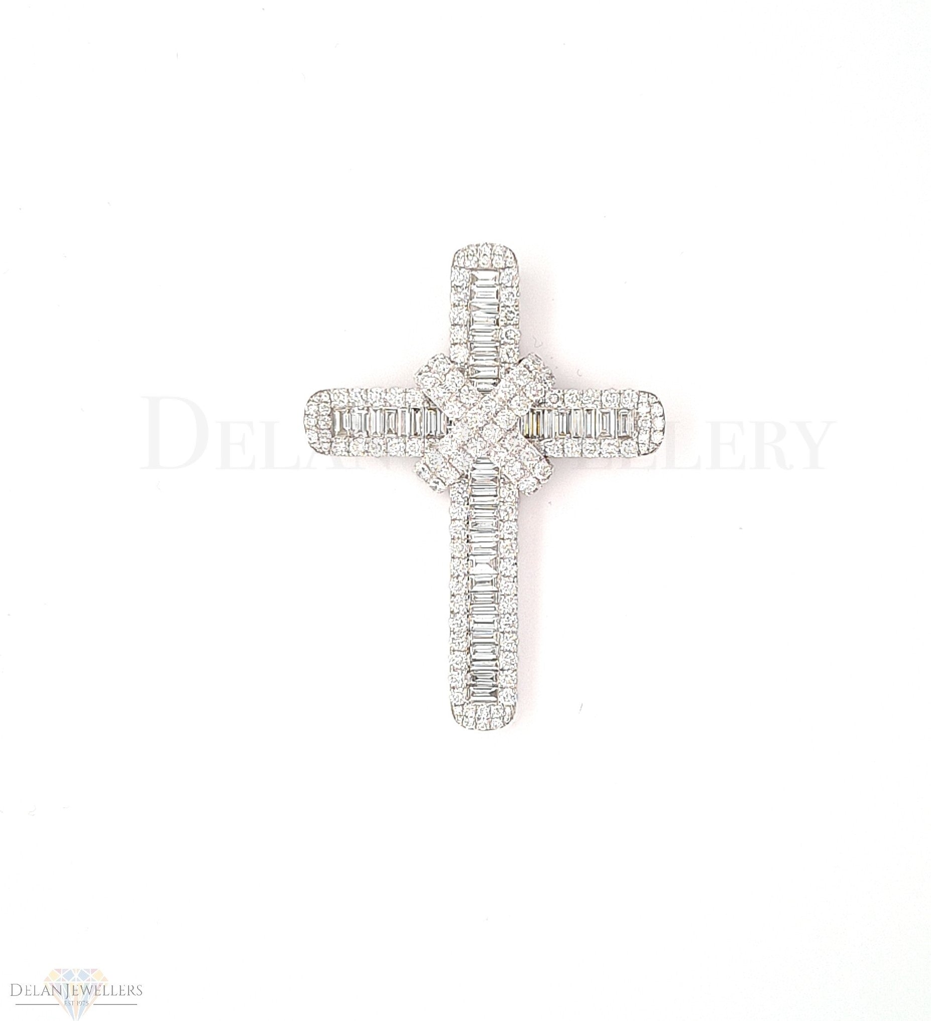 9ct White Gold Classic Diamond Cross with Baguettes