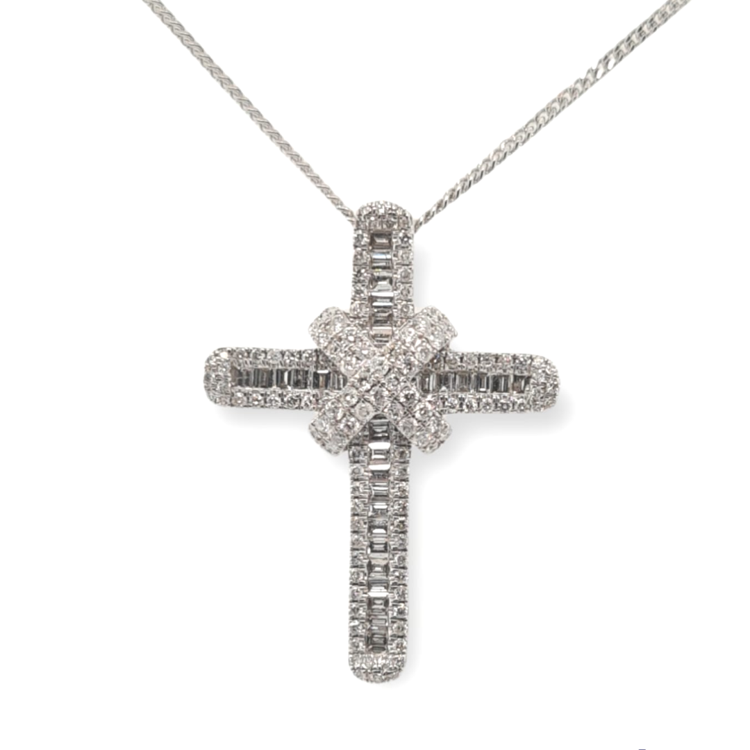 9ct White Gold Classic Diamond Cross with Baguettes