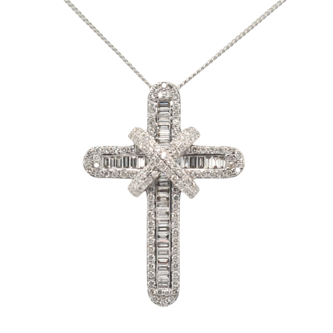 9ct White Gold Classic Diamond Cross with Baguettes