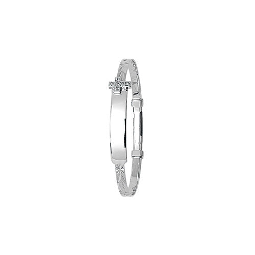 9Ct White Gold Babies' Expandable Cz Cross Id Bangle - BN353W