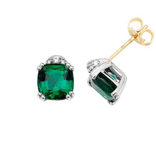 9Ct Gold Cushion Created Emerald And White Sapphire Studs ES1201E