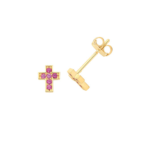 9Ct Gold Red Cz Cross Studs ES1639