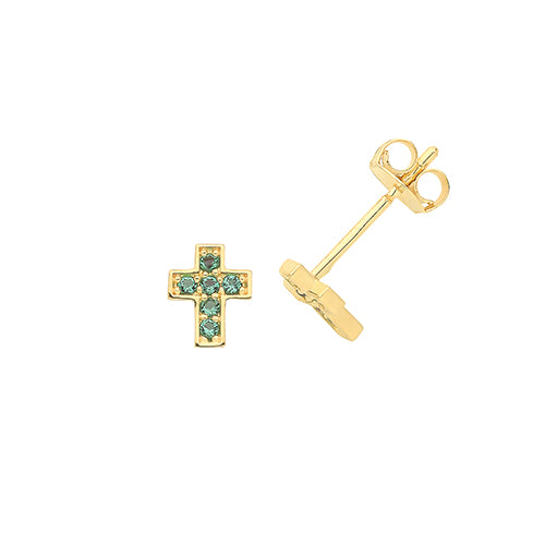 9Ct Gold Green Cz Cross Studs ES1640