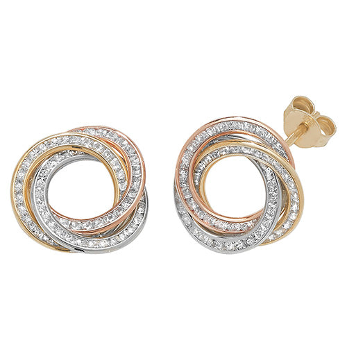 9Ct Gold Tricolour Cz Entwined Circle Studs ES172