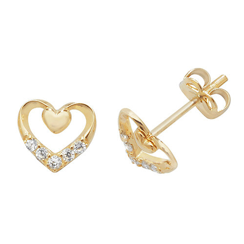 9Ct Gold Cz Double Heart Studs - ES431