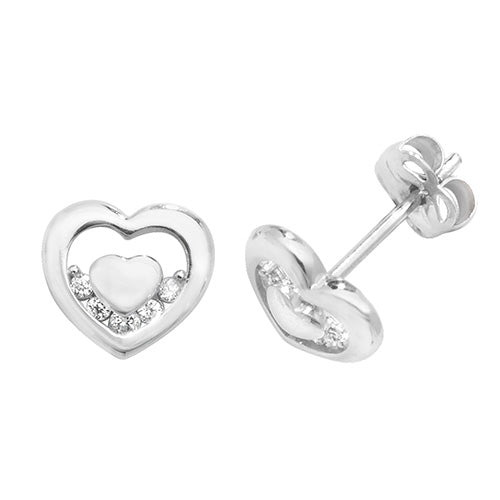 9Ct White Gold Cz Double Heart Studs - ES436W