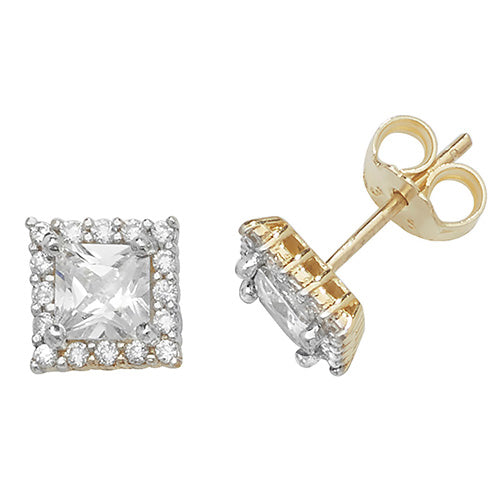 9Ct Gold Cz Square Halo Studs - ES476