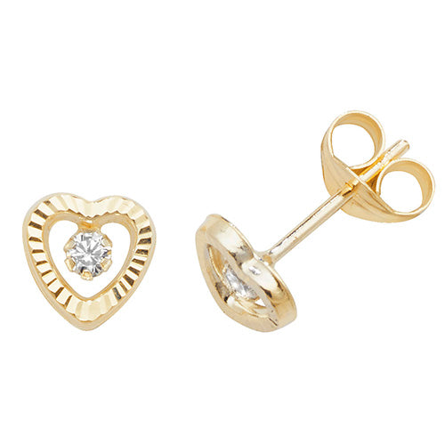 9Ct Gold Cz Diamond Cut Heart Studs - ES480