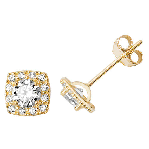 9Ct Gold Cz Cushion Halo Studs - ES522