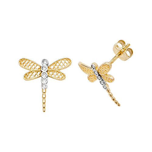 9Ct Gold 2 Tone Cz Bezel Dragonfly Studs - ES602