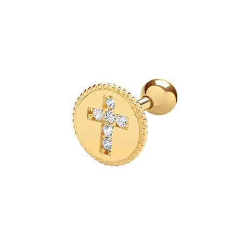 9Ct Gold Cz Cross Within Millgrain Disc Cartilage Stud - ES994