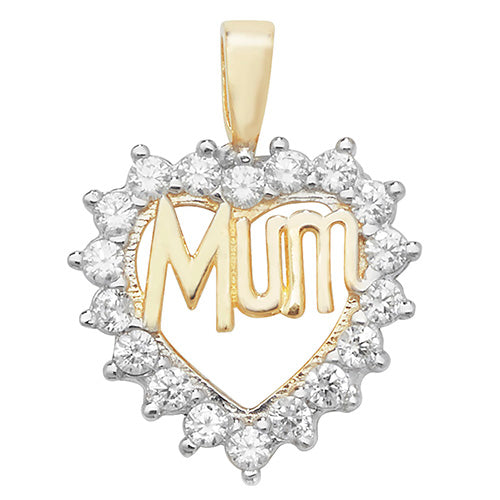 9ct Gold Heart Mum Pendant with CZ Stones - PN1019