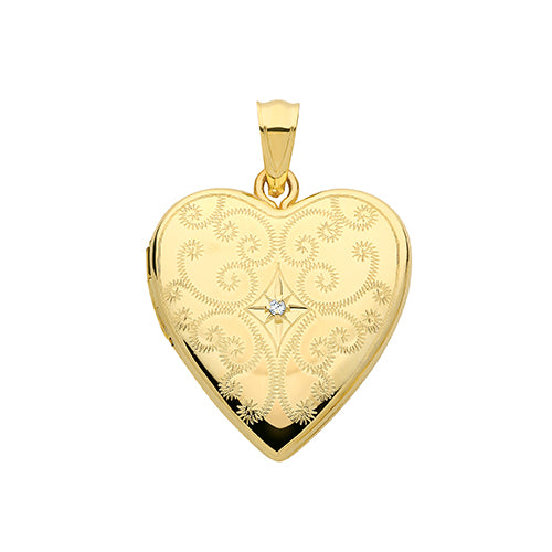 9ct Gold Engraved Heart Locket with CZ Stone - PN1102