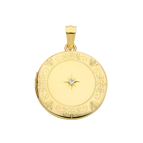 9ct Gold Engraved Round Diamond Set Locket - PN1112D