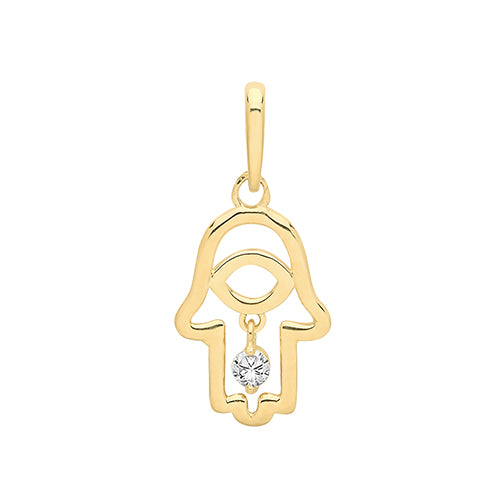 9ct Gold Hamsa With Dangle Cz Pendant PN1125