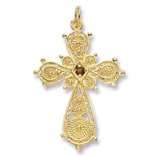 9ct Gold Garnet Filigree Cross Pendant with Stone - PN432