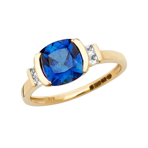 9ct Gold Cushion Created Sapphire and White Sapphire Ring - RN1200S