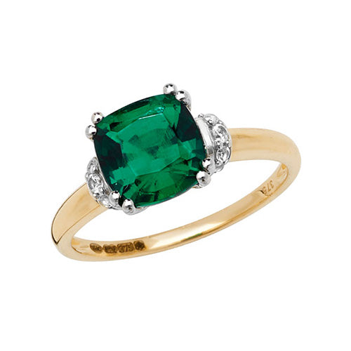 9ct Gold Cushion Created Emerald and White Sapphire Ring - RN1201E