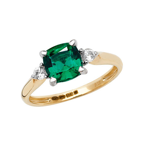 9ct Gold Cushion Created Emerald and White Sapphire Ring - RN1206E