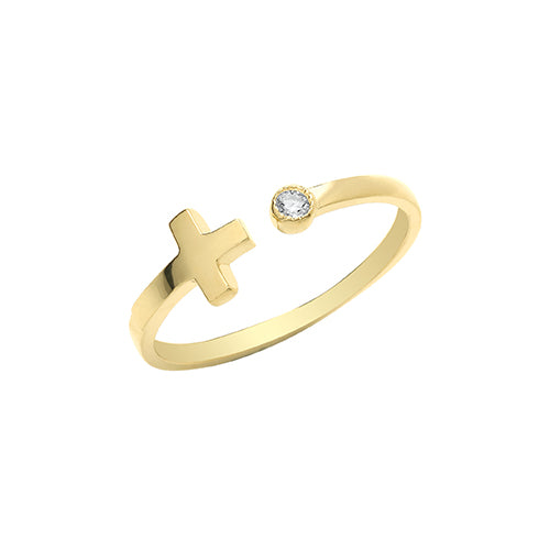 9ct Gold Open Cross With Single Cz Ring - RN1609