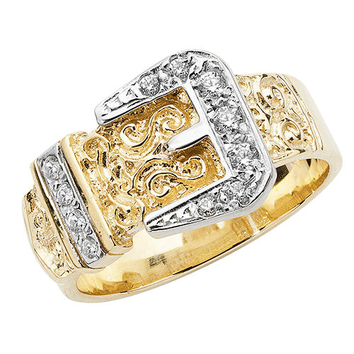 9ct Gold Mens' Cz Set Buckle Ring - RN698