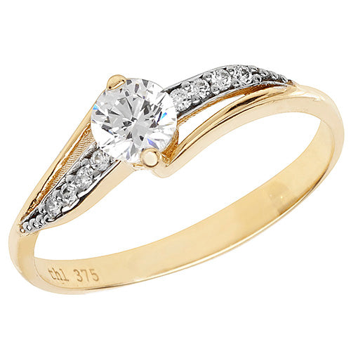 9ct Gold Solitaire Cz Pave Set Twist Shoulders Ring - RN858