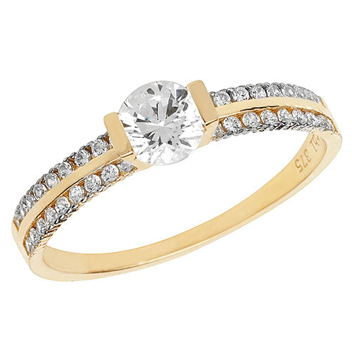 9ct Gold Solitaire 2 Row Channel Set Shoulders Ring with CZ Stones - RN863