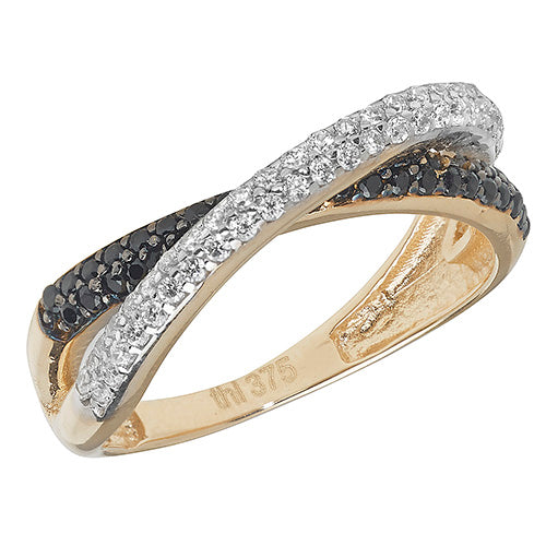 9ct Gold Black & White Crossover Ring with CZ Stones - RN870