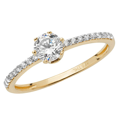 9ct Gold Solitaire Grain Set Shoulders Ring with CZ Stones - RN896