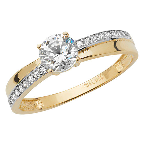 9ct Gold Solitaire Pave Crossover Ring with CZ Stones - RN897