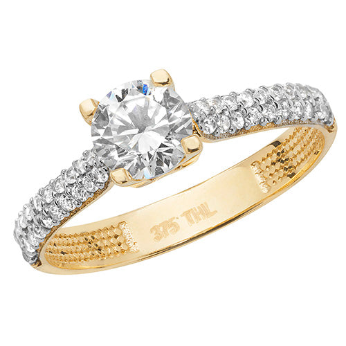 9ct Gold Solitaire with 2 Row Grain Set Shoulders Ring with CZ Stones - RN902