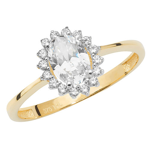 9ct Gold Halo Oval Ring with CZ Stones - RN905