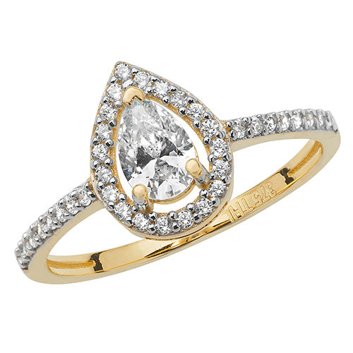 9ct Gold Halo Pear Shape Ring with CZ Stones - RN906