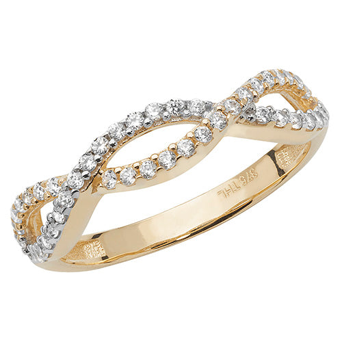 9Ct Gold Grain Set Cz Plaited Ring - RN913