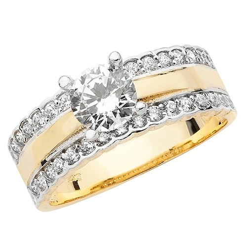 9ct Gold Solitaire 2 Row Pave Set Shoulders Ring with CZ Stones - RN918